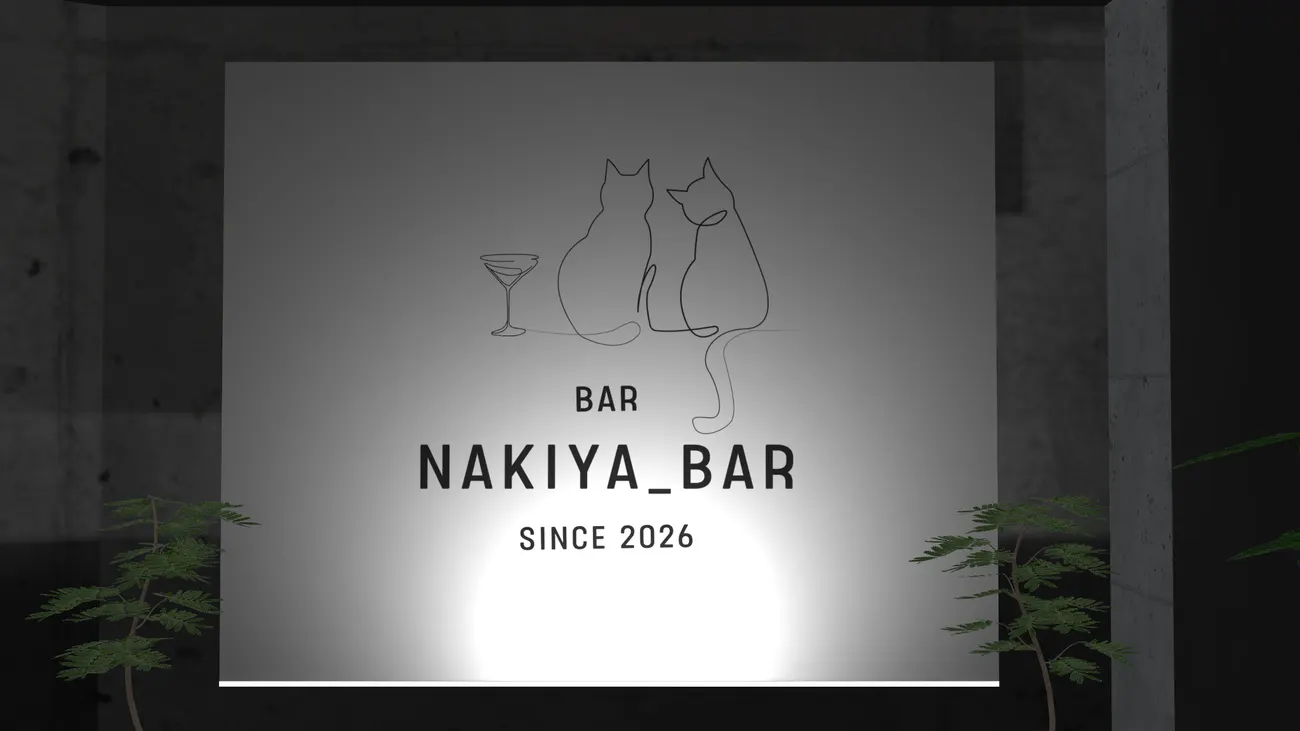 猫とグラスが描かれたNakiyaBarのワールド内看板