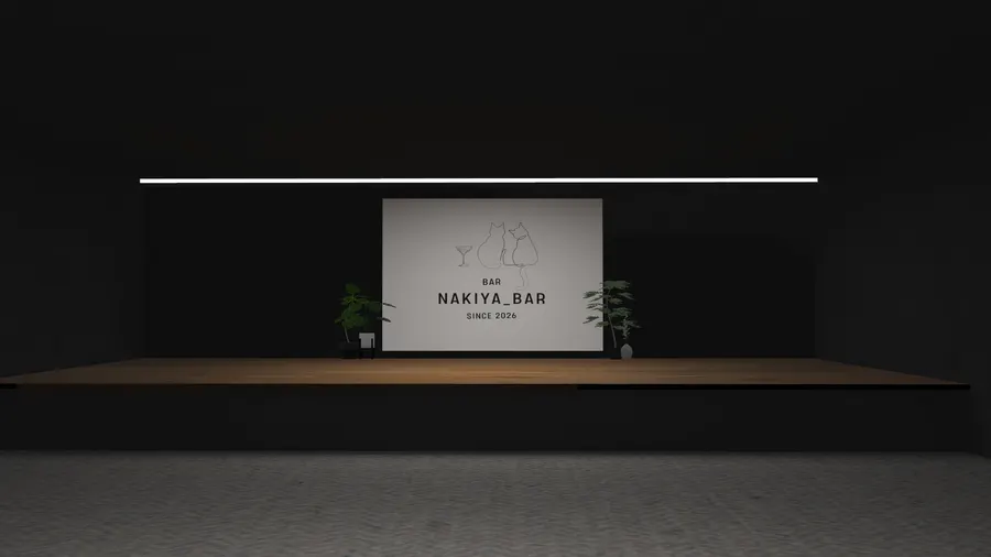 ロゴ看板と植物が配置されたNakiyaBarのステージ